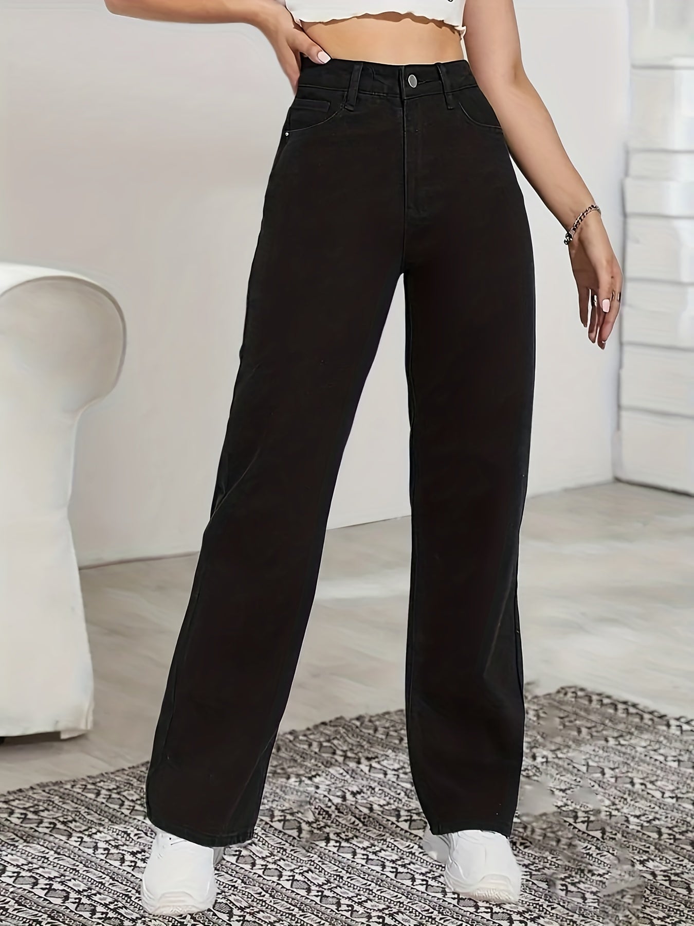 Baggy Straight Jeans Mid Waist Non Stretch Denim Pants Women's Clothing