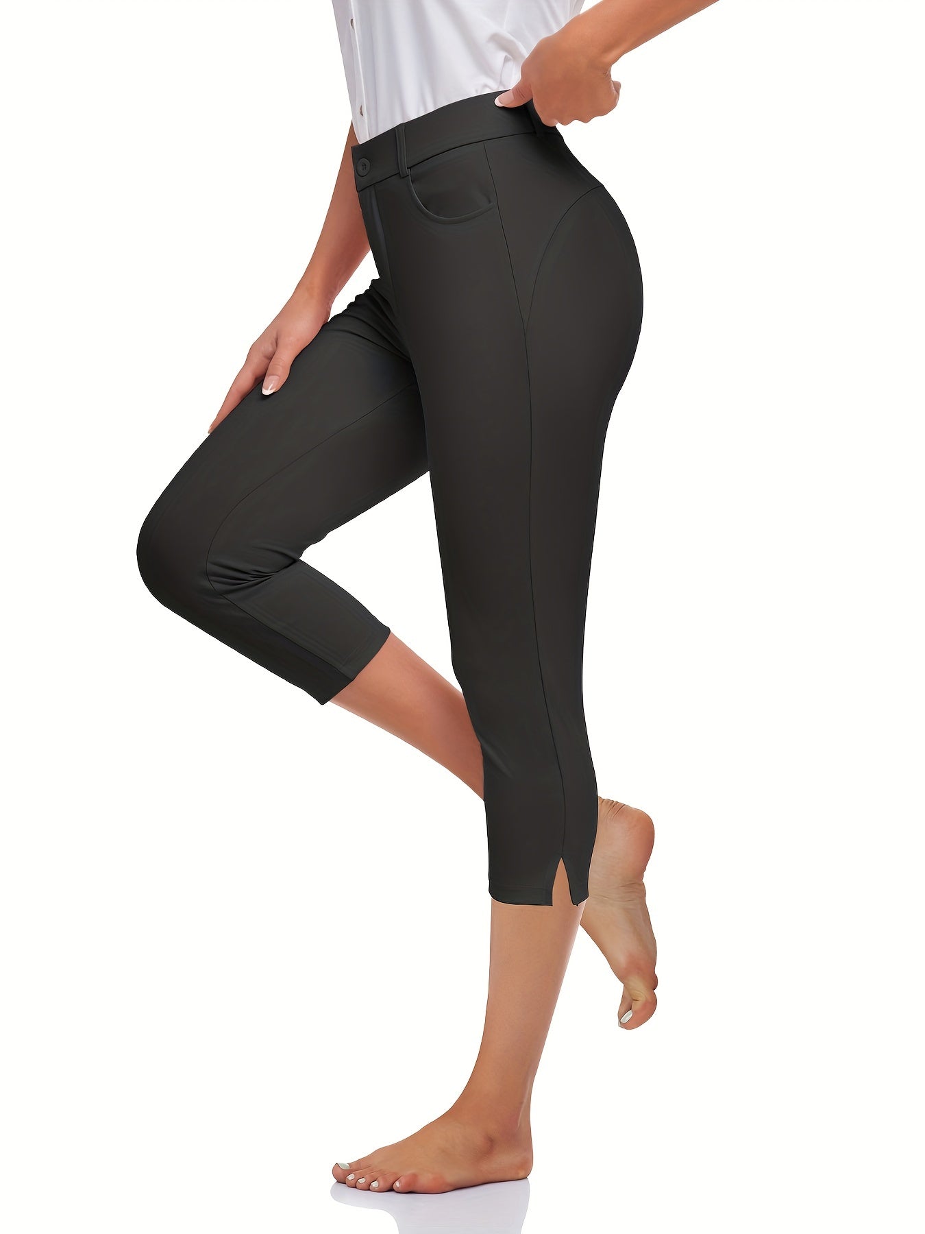 Sport Fitness Yoga Leggings With Pockets Solid Split 7 Point Pants