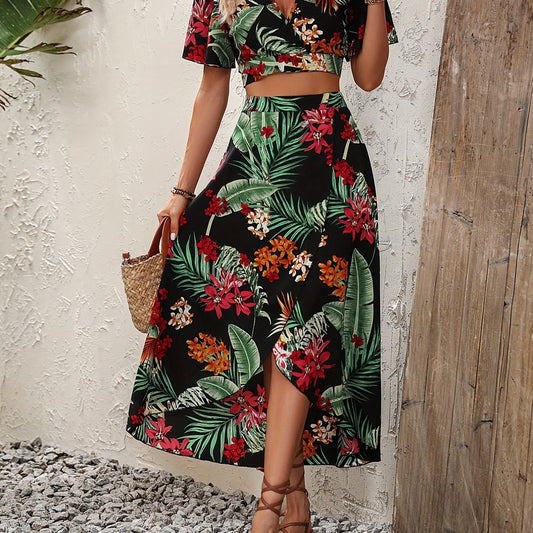 Tropical Print V Neck Flutter Sleeve Two Piece Set