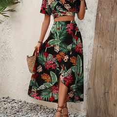 Tropical Print V Neck Flutter Sleeve Two Piece Set