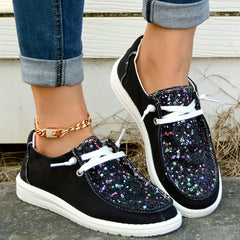 Sequins Decor Boat Shoes Lace Up Lightweight Walking Shoes