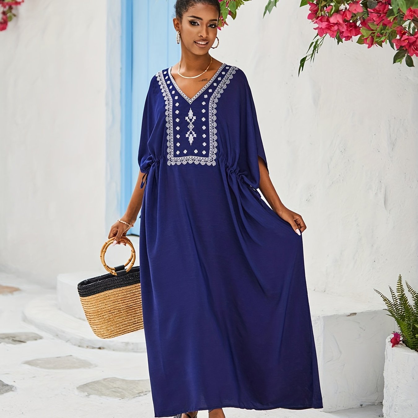 Boho Abaya Dress Women's Plus Floral Embroidered Maxi Kaftan Dress