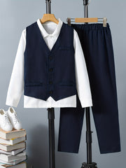 Boy's Gentleman 3pcs Shirt & Vest & Pants Set for Party Events