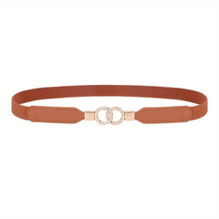 Vintage Double Ring Rhinestone Buckle Belt Brown Elastic Thin Waistband