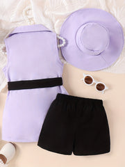 Girls Cami Top & Elastic Waist Shorts & Lapel Vest & Hat Set With Belt