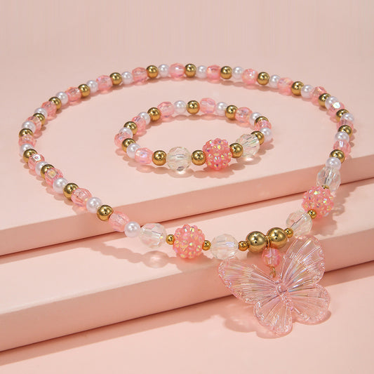 Kids Butterfly Necklace Set Acrylic Pendant Beads Elastic Bracelet