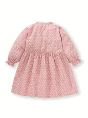Girls Autumn Floral Print Dress Button Decor Soft Cotton Casual Kids Dress
