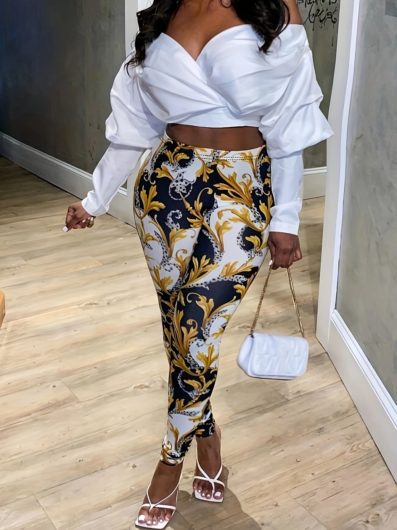 Boho Leggings Women's Plus Baroque Print Elastic High Rise Leggings