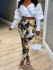 Boho Leggings Women's Plus Baroque Print Elastic High Rise Leggings