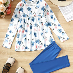 Floral Pattern Girl's 2pcs Peplum Top & Leggings Set