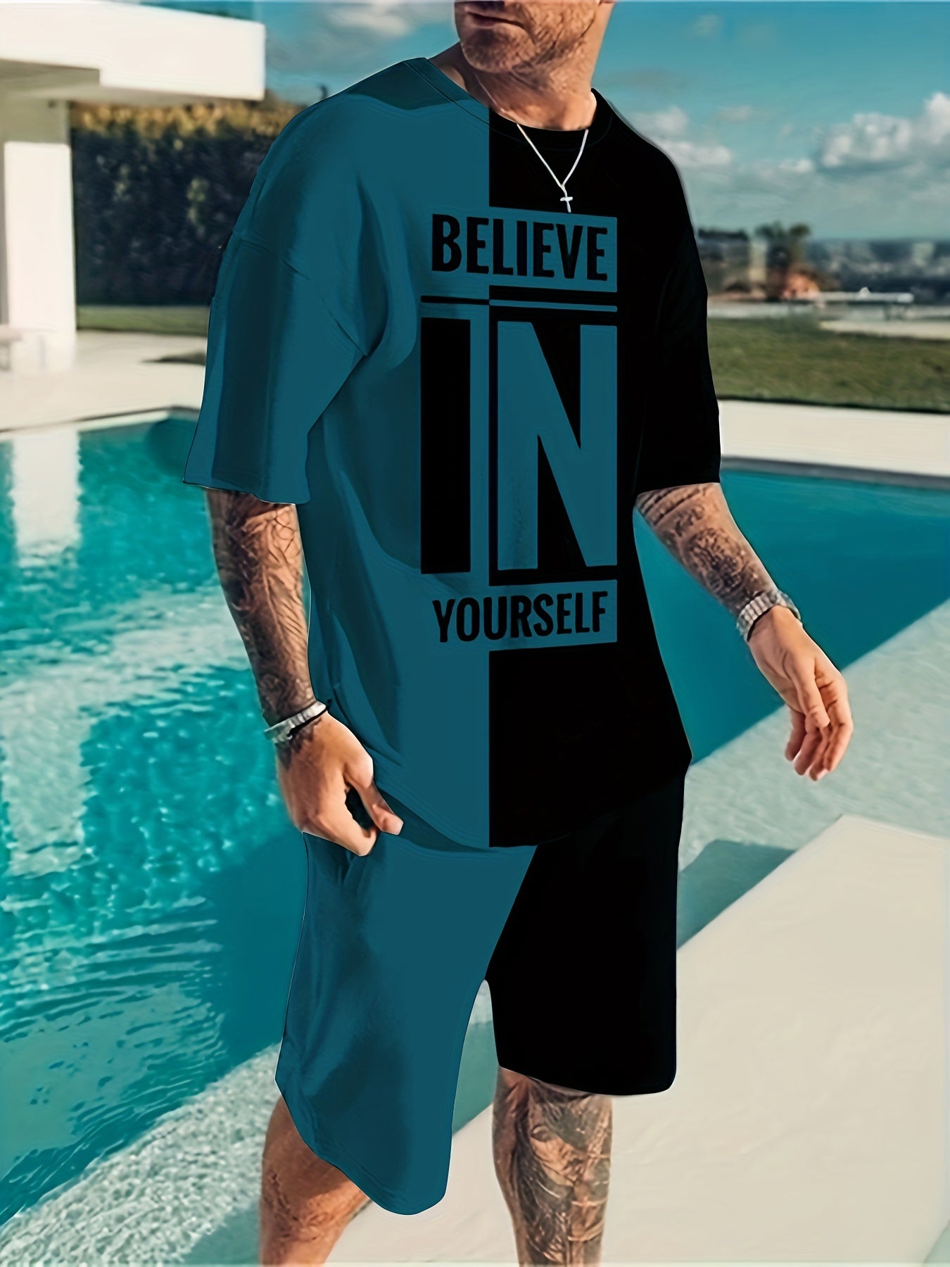 Believe In Yourself Print Men's 2Pcs Outfits Casual Set