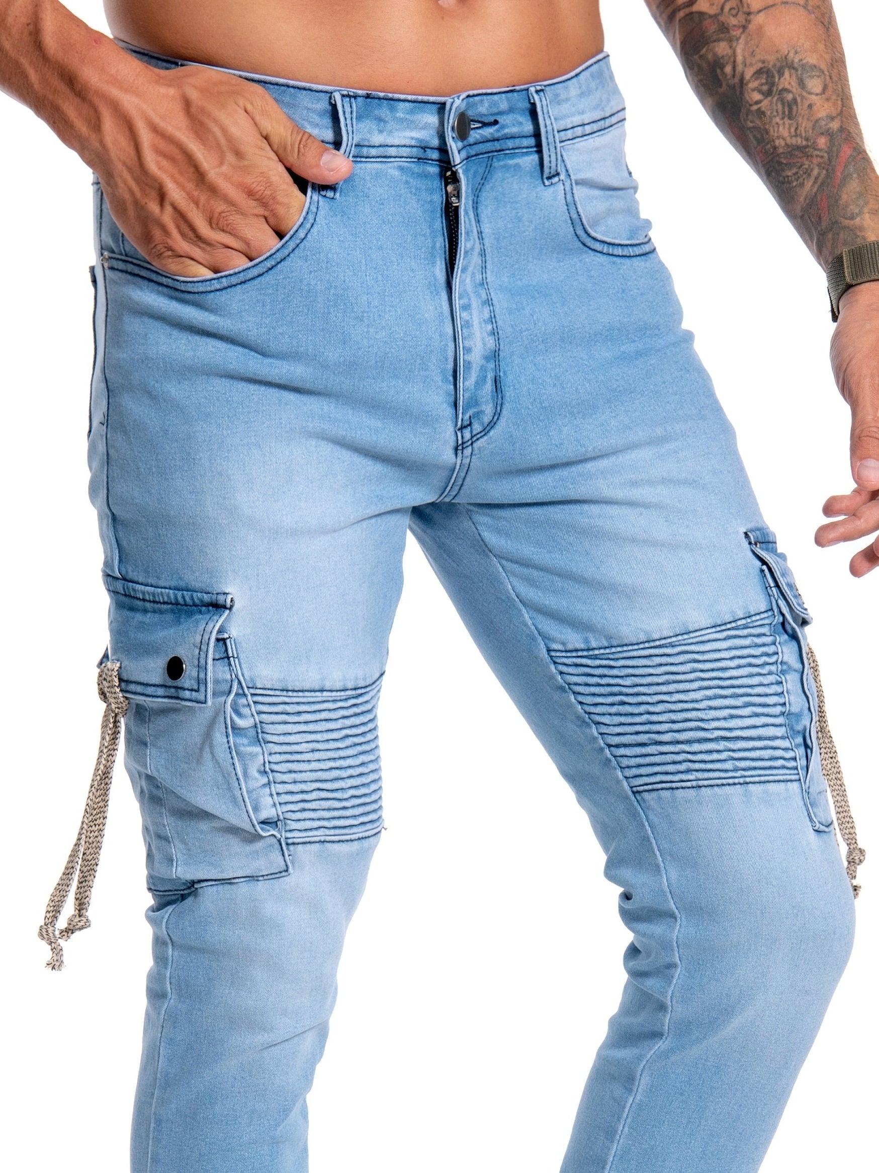 Men's Slim Fit Pocket Jeans Casual Street Style Distressed Denim Pants