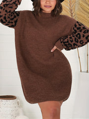 Colorblock Leopard Print Long Sleeve Sweater Dress