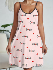 Heart Print Nightdress Crew Neck Spaghetti Strap Sleep Dress Women's Sleepwear