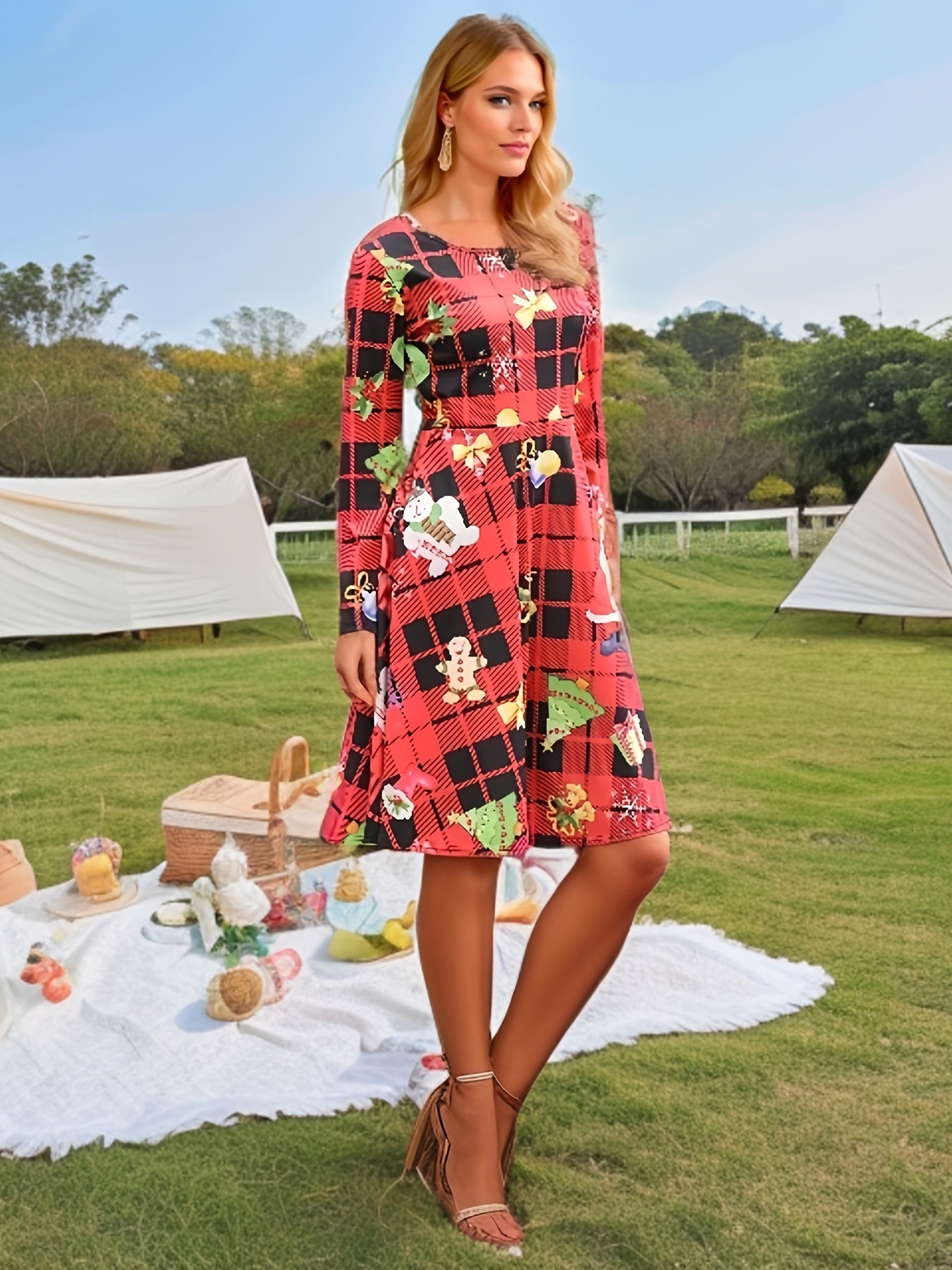 Women's Plus Christmas Print Long Sleeve A line Knee Length Dress