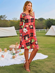 Women's Plus Christmas Print Long Sleeve A line Knee Length Dress