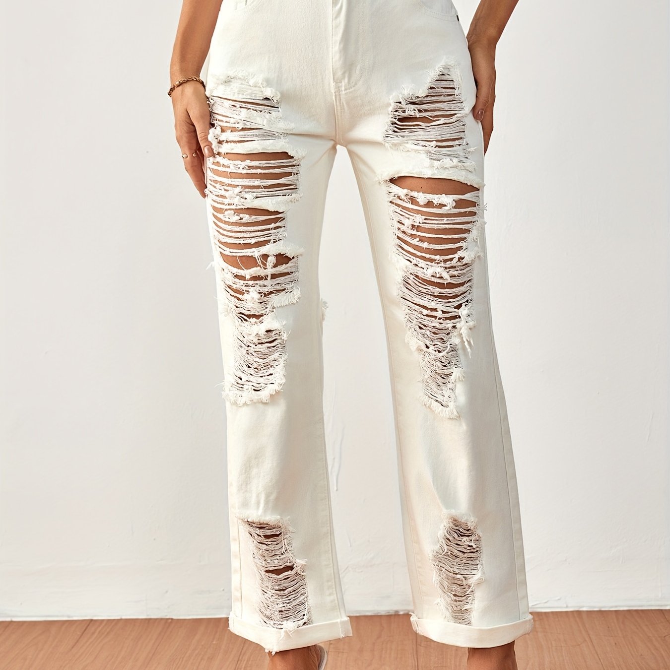 Loose Fit Distressed Non Stretch Denim Pants