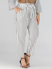 Striped Print Straight Leg Pants With Belt Women's Plus High Rise Loose Fit