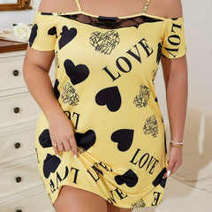 Plus Satin Heart & Letter Print Cold Shoulder Cami Sleep Dress