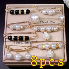 8pcs Pearl Flower Brooch Pins Safety Pin Waist Buckle