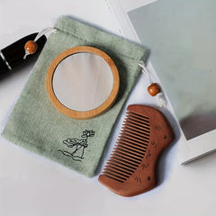 Vintage Wood Mirror Comb Set With Bag Mini Wooden Round Vanity Makeup Mirror