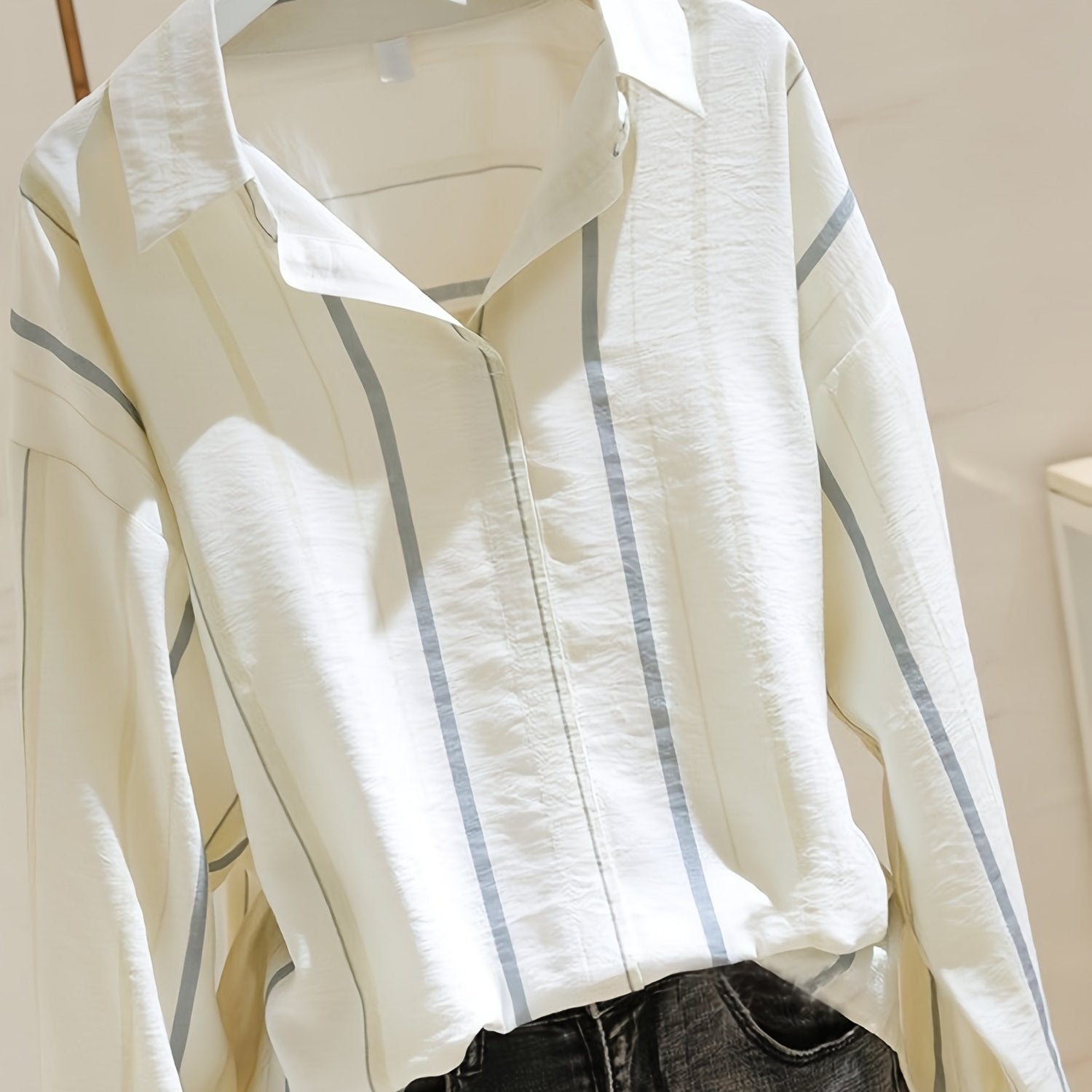 Striped Lapel Long Sleeve Shirt Casual Loose Top