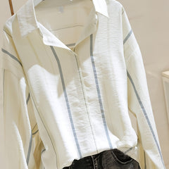 Striped Lapel Long Sleeve Shirt Casual Loose Top