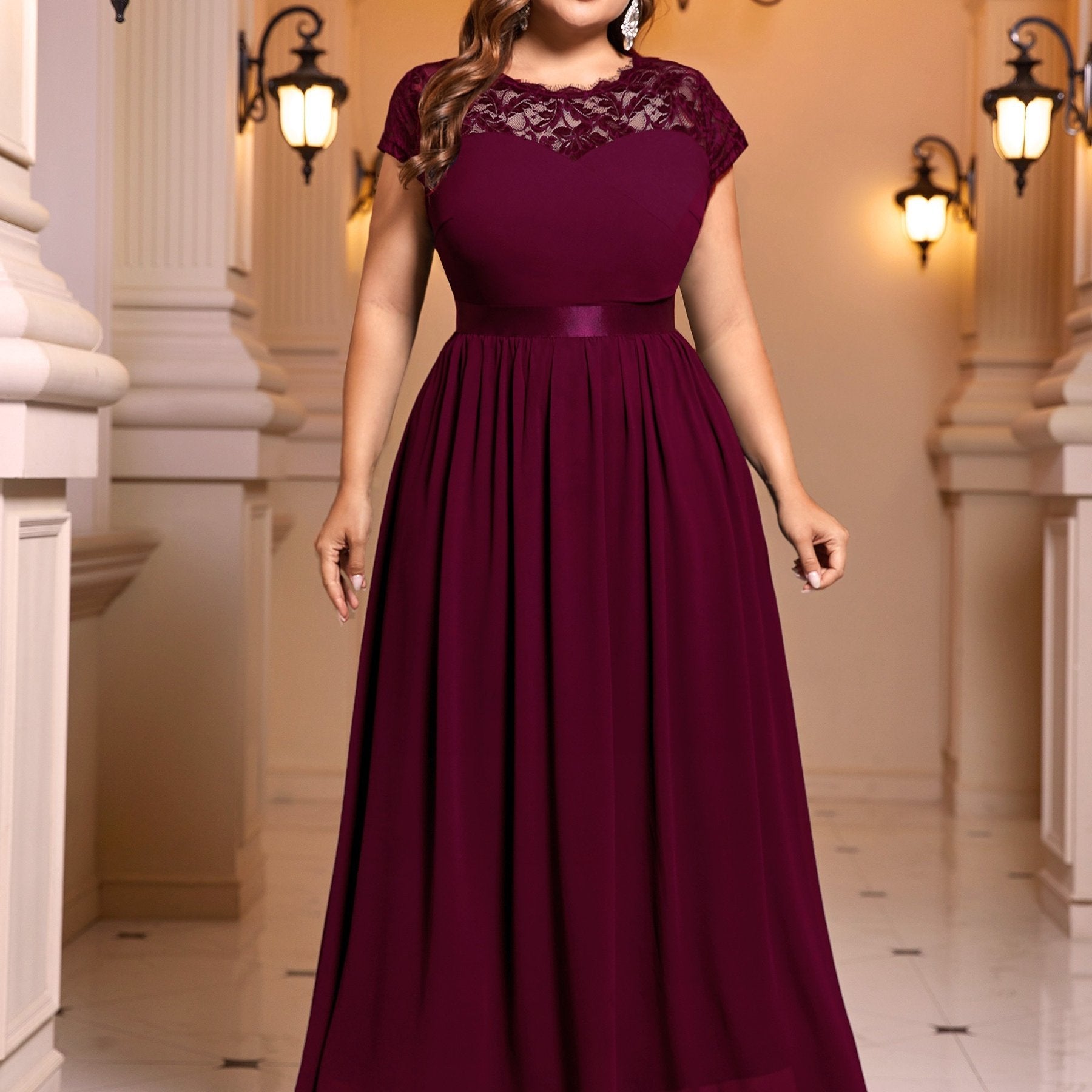 Contrast Lace Cap Sleeve Bridesmaid Dress