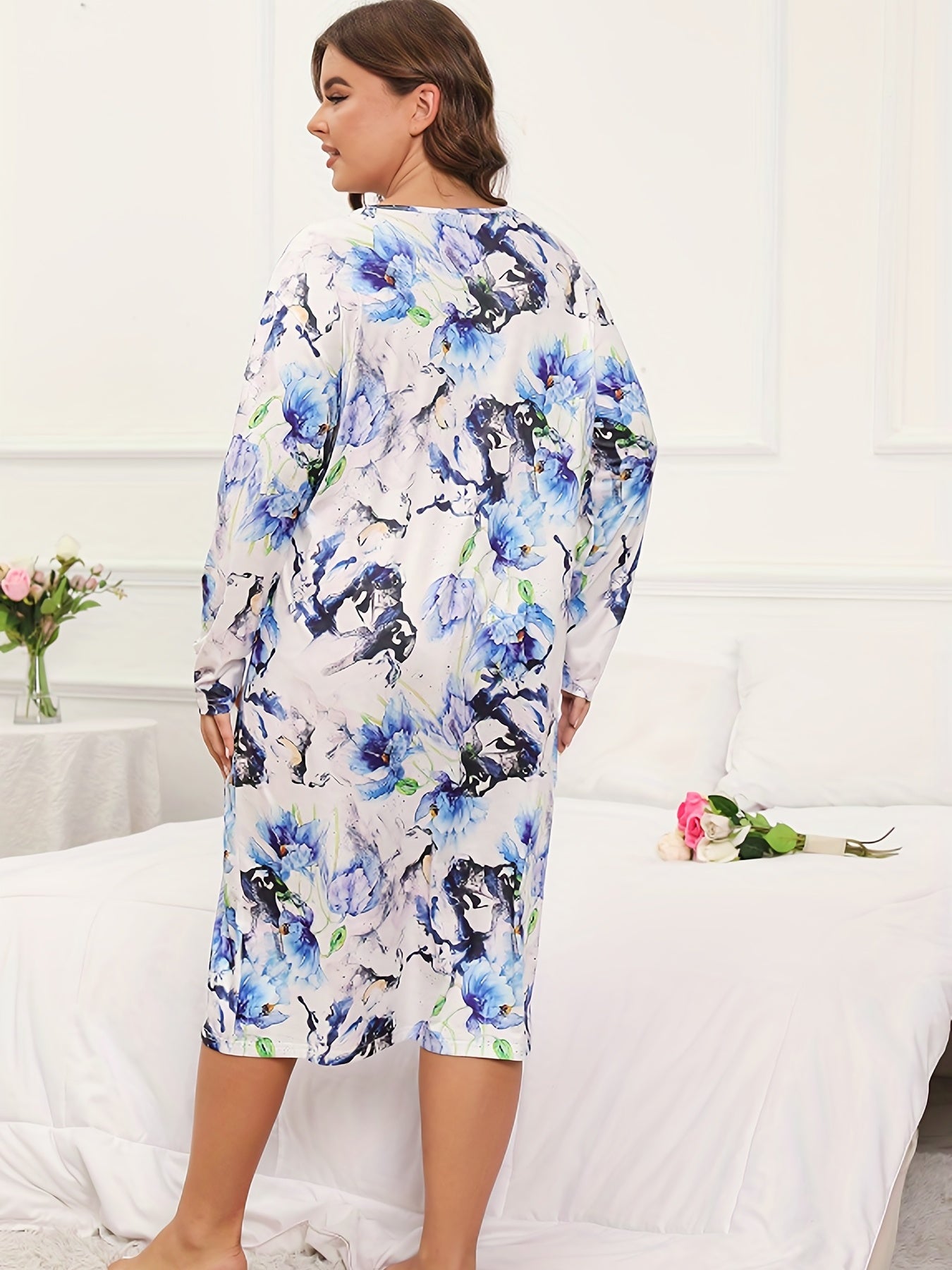 Lounge Dress Women's Plus Ink Floral Print Long Sleeve Tee Nightdress