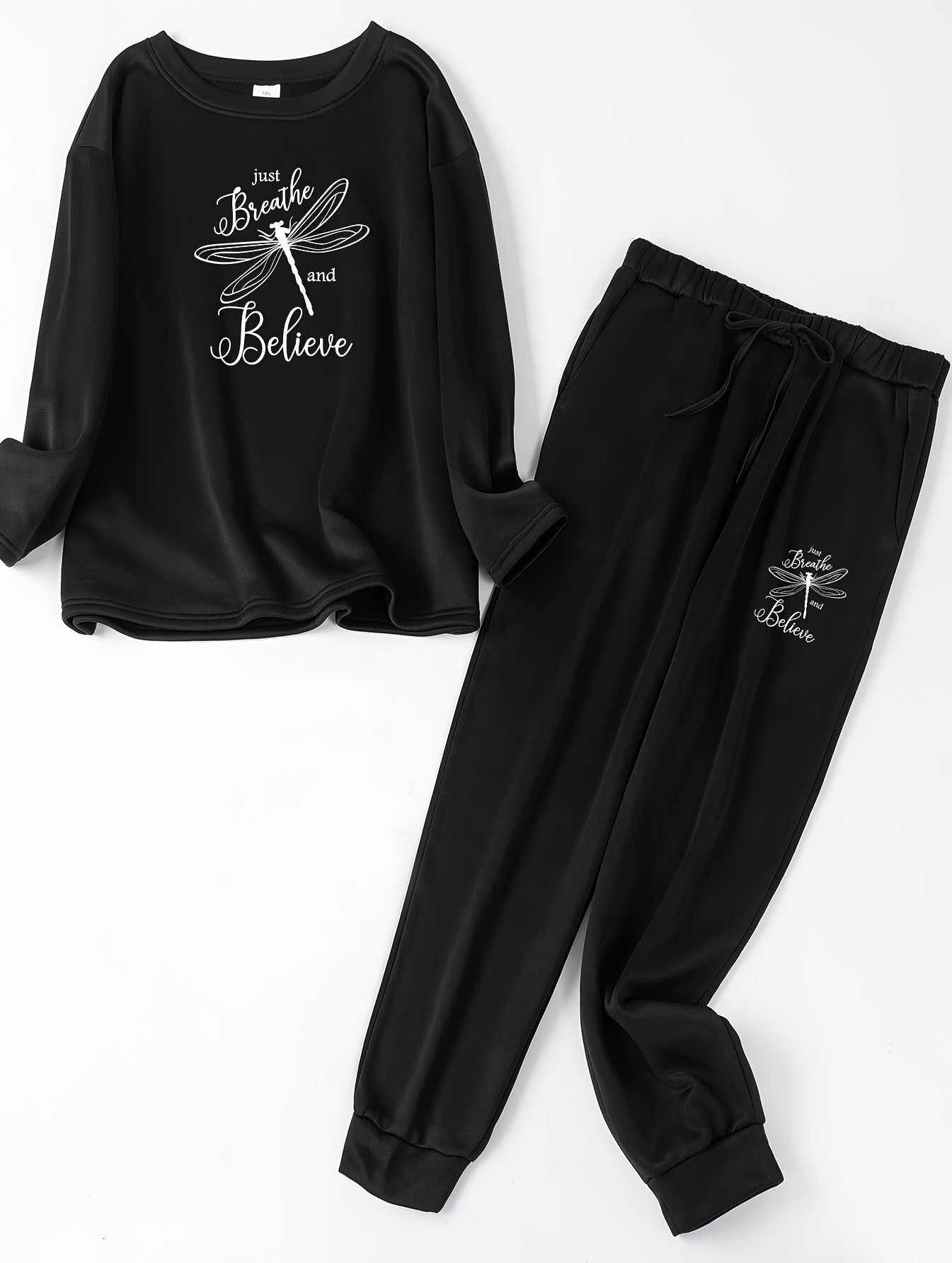 Casual Loungewear 2 Piece Set Dragonfly Print Top & Pants Pajama Set