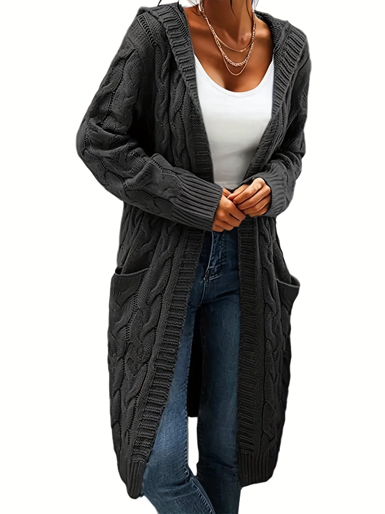 Cable Hooded Cardigan with Pockets