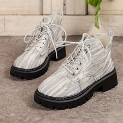 Women's Denim Flat Walking Boots High Top Lace Up Non Slip Fall Winter Boots