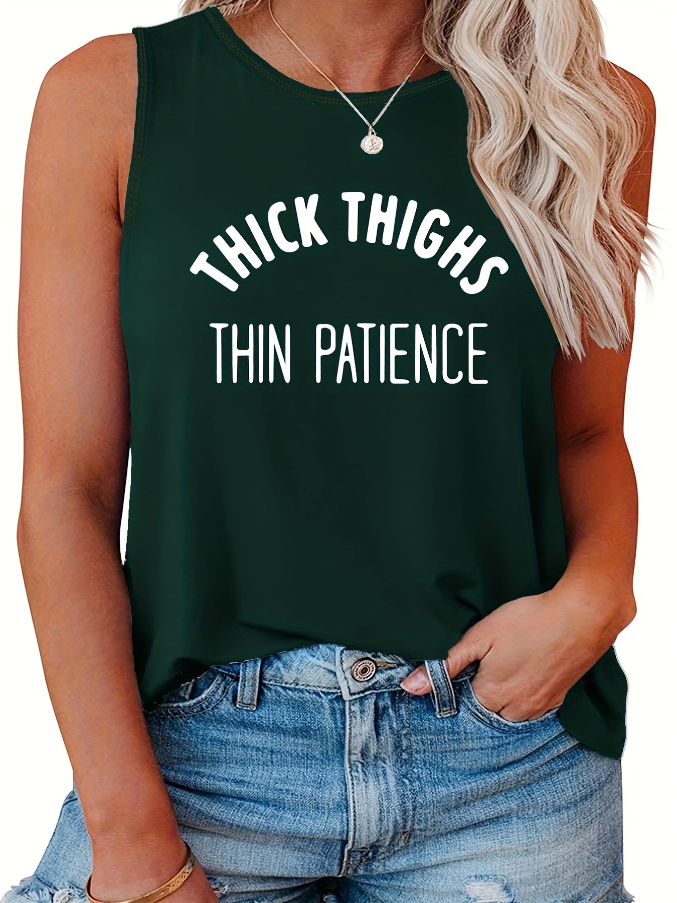 Casual Tank Top Women's Plus Slogan Print Round Neck Slight Stretch