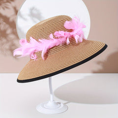 Luminous Feather Wreath Sun Hat Easter Khaki Straw Hat