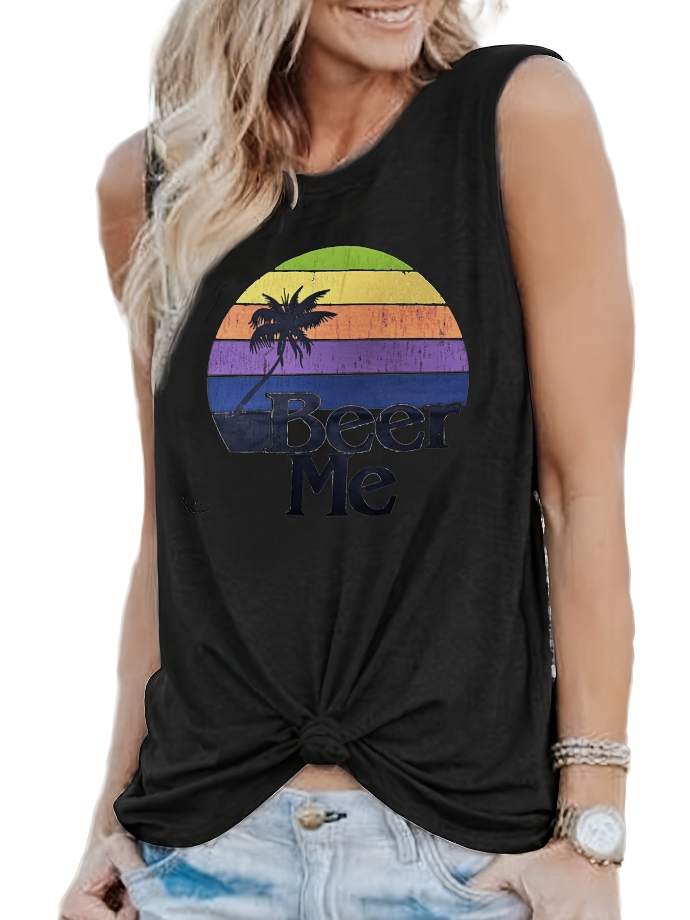 Rainbow Graphic Print Tank Round Neck Sleeveless T-shirt
