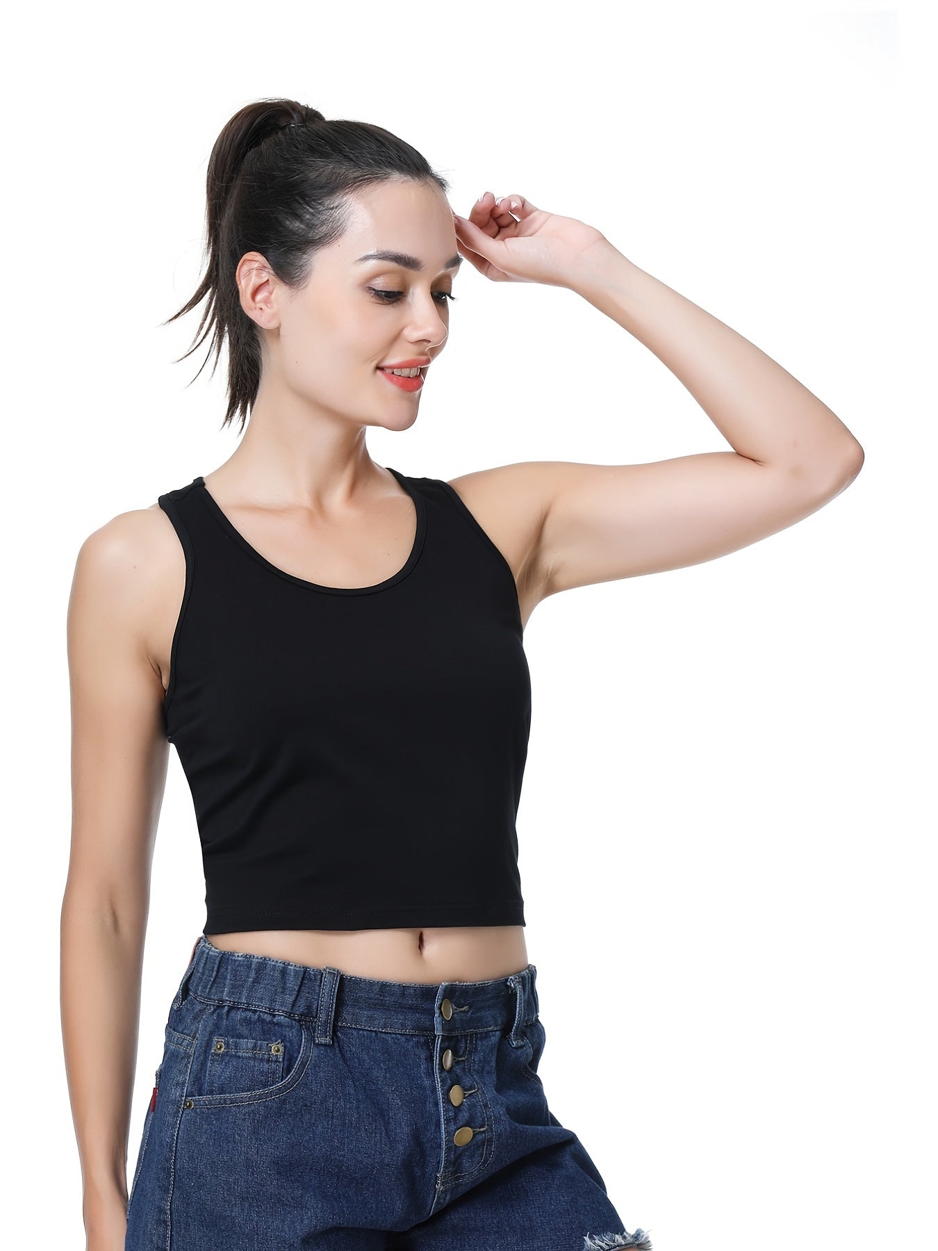 Solid Crop Tank Top Crew Neck Summer Sleeveless