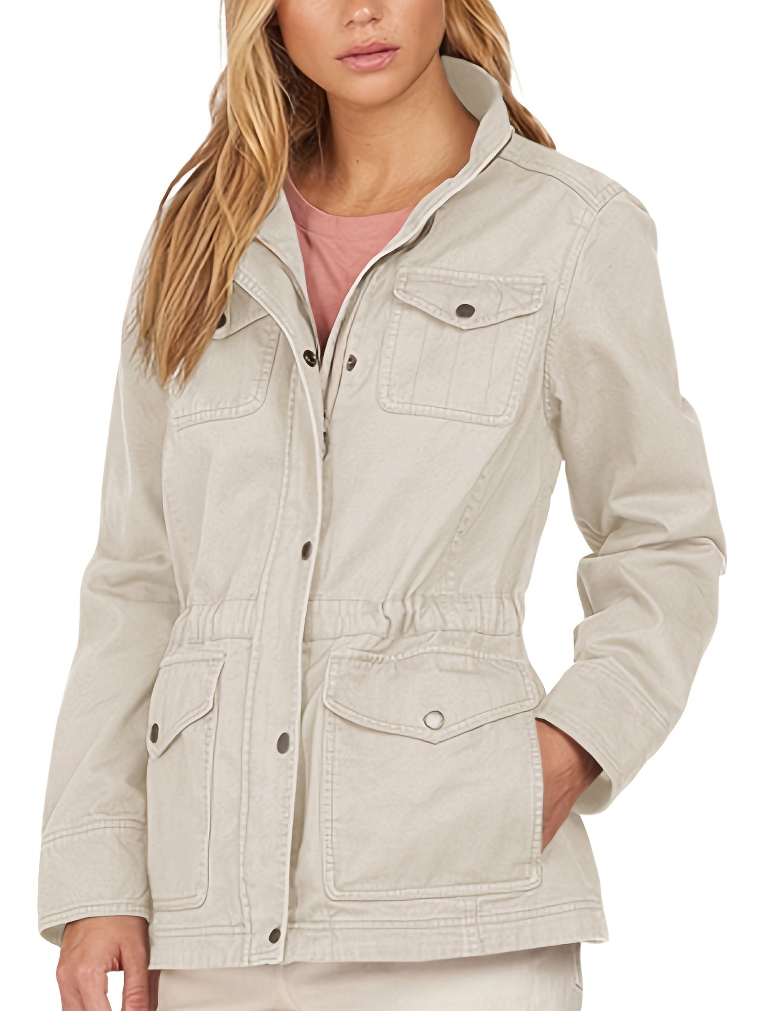 Solid Button Front Jacket Casual Long Sleeve Outerwear With Pockets