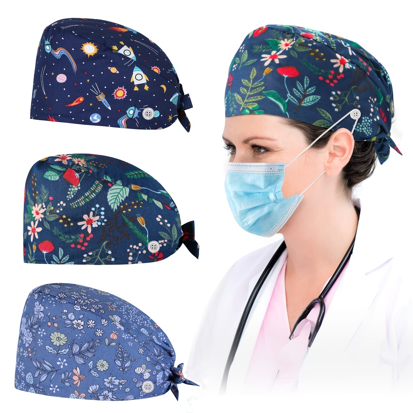 Elastic Nurse Cap With Button & Sweatband Tie Back Scrub Caps Bouffant Hats