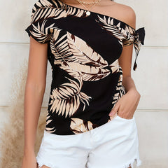 Tropical Print Knotted Top Slanted Shoulder Cap Sleeve Top