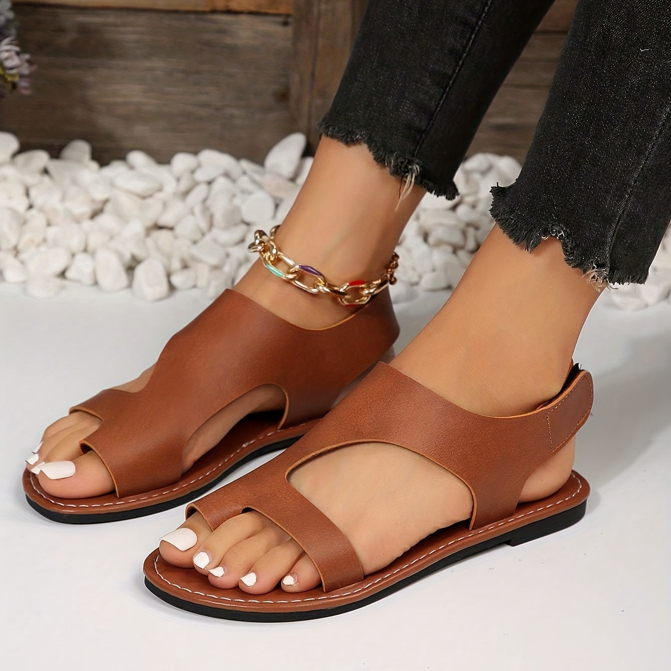 Women's Solid Toe Loop Sandals Casual Hook & Loop Flat Summer Shoes