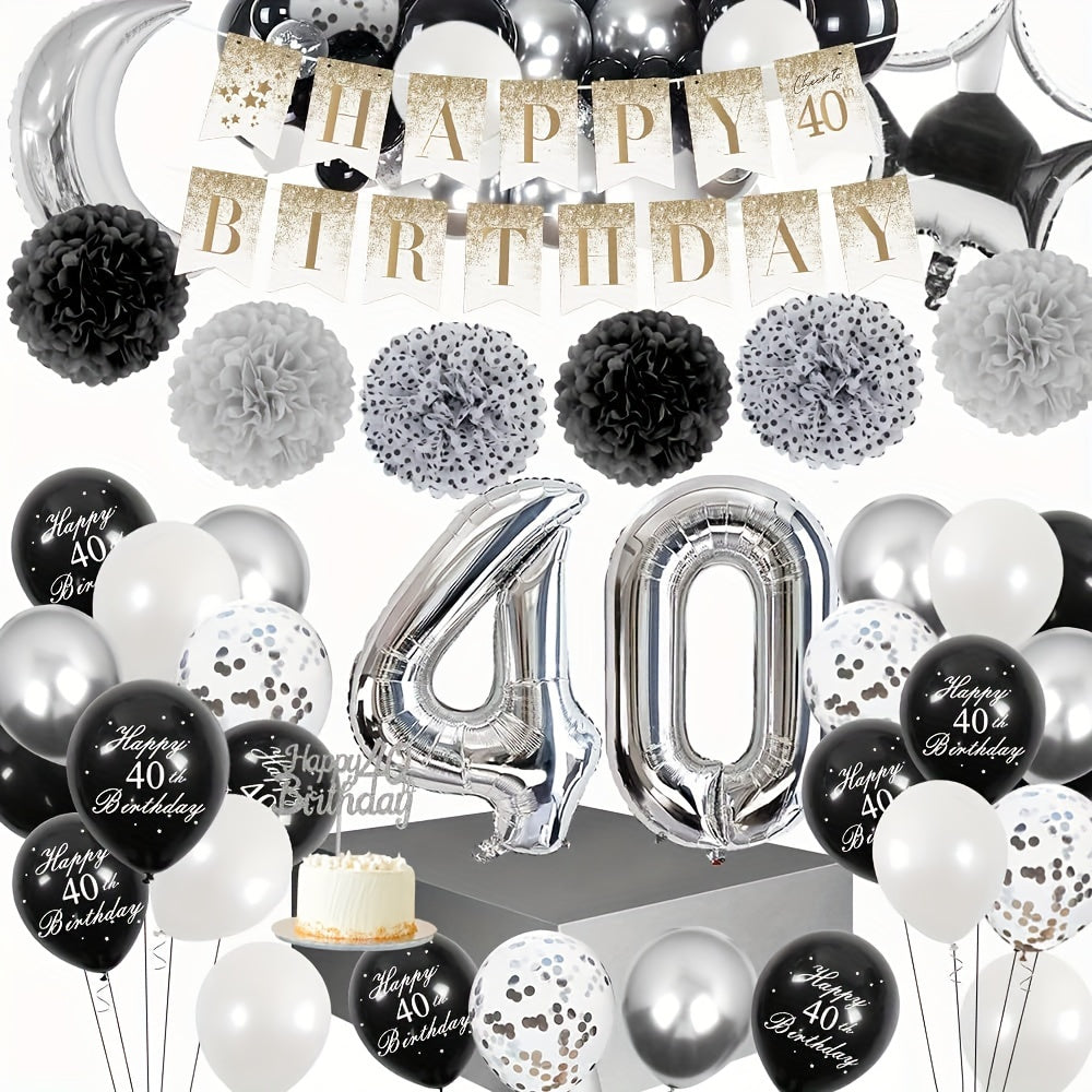 40th Birthday Party Decorations - Silvery Metal Balloons and Rainbow Confetti