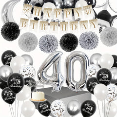 40th Birthday Party Decorations - Silvery Metal Balloons and Rainbow Confetti