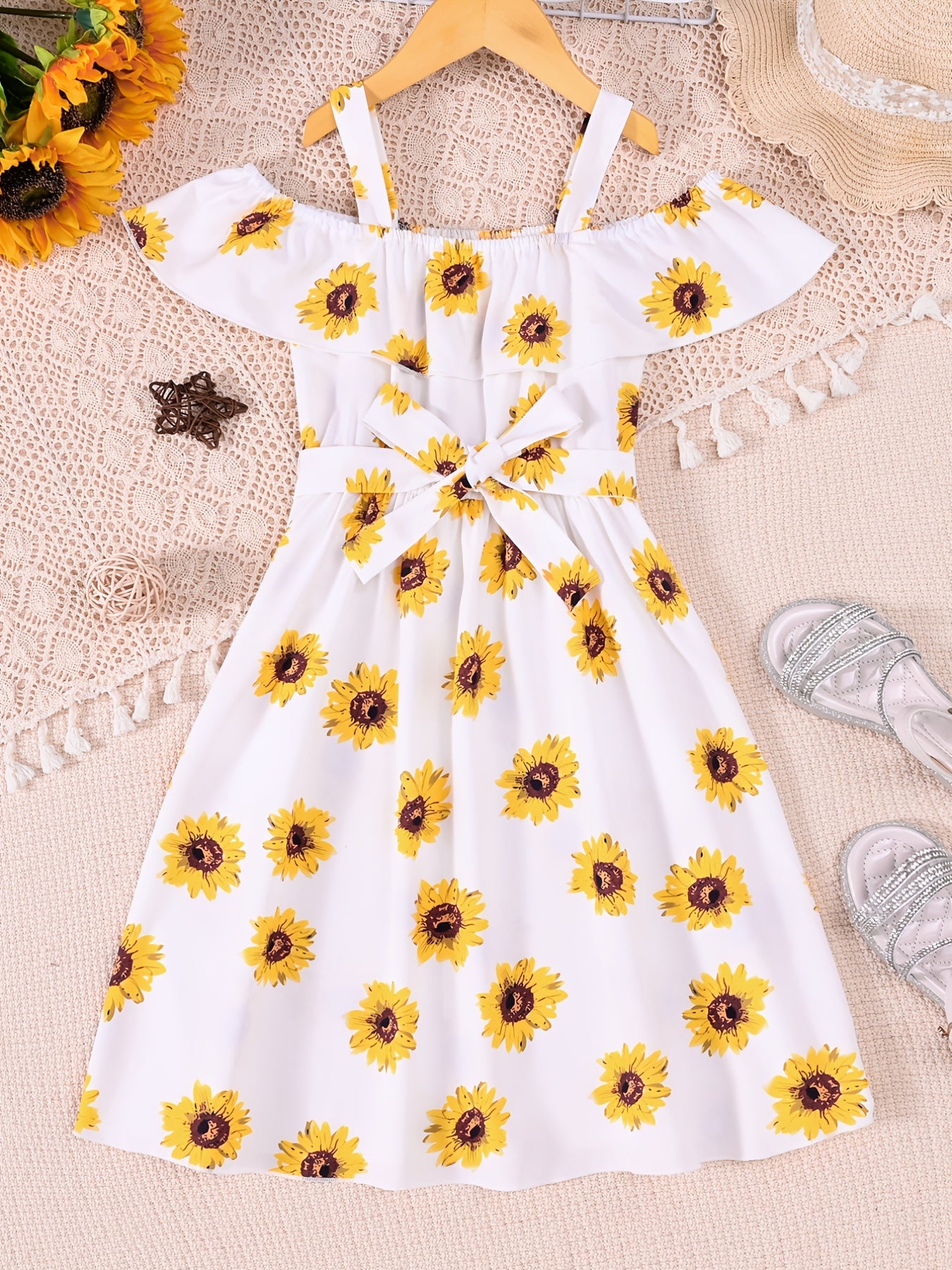 Toddler Girls Sunflower Graphic Cold Shoulder Belted Princess Dress