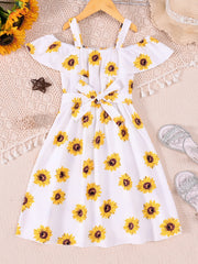 Toddler Girls Sunflower Graphic Cold Shoulder Belted Princess Dress