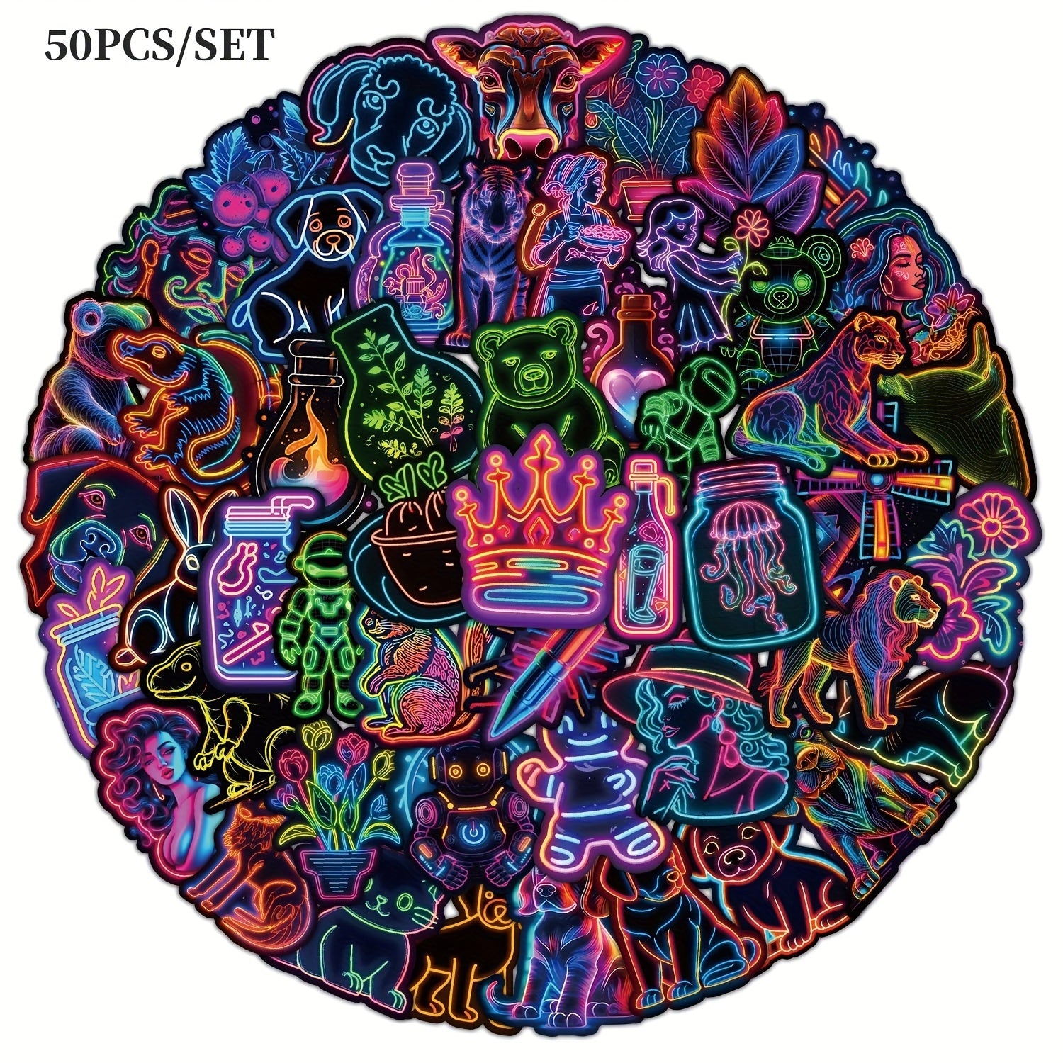 50pcs Retro Neon Ocean Animal Crown Stickers Waterproof DIY Decor