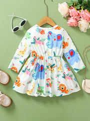 Baby Girls' Bowknot Front Cartoon Animals Full Print Long Sleeve Princess Dress
