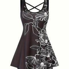 Floral Print Criss Cross Round Neck Tank Top Plus Size