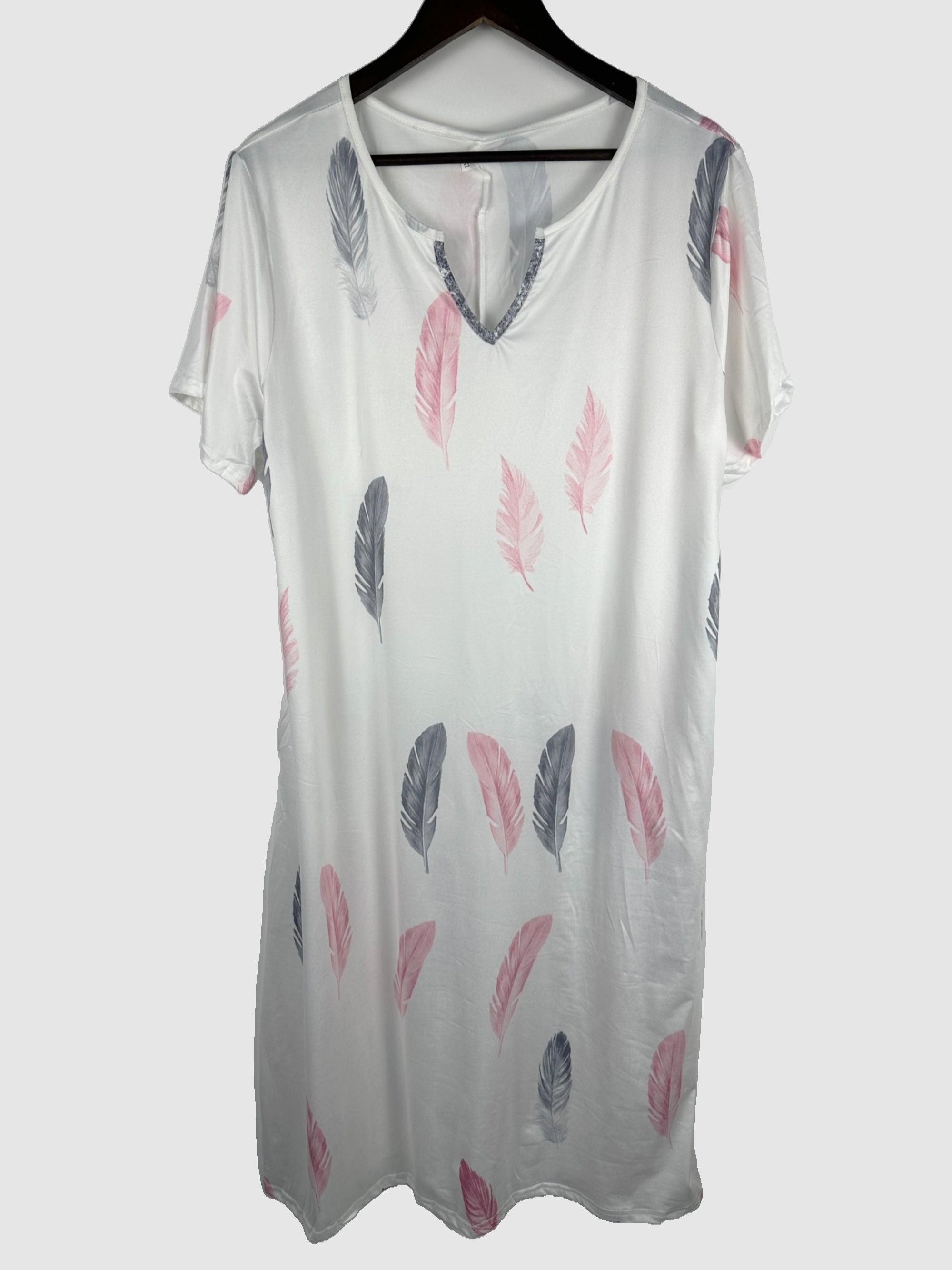 Feather Print Short Sleeve Dress With Pockets