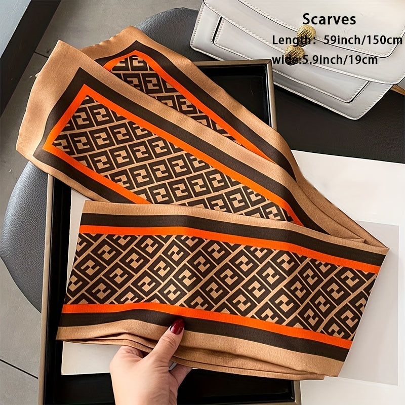 Geometric Print Skinny Silk Scarf Double Layer Neck Tie Ribbon