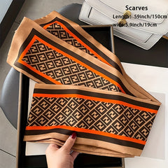 Geometric Print Skinny Silk Scarf Double Layer Neck Tie Ribbon